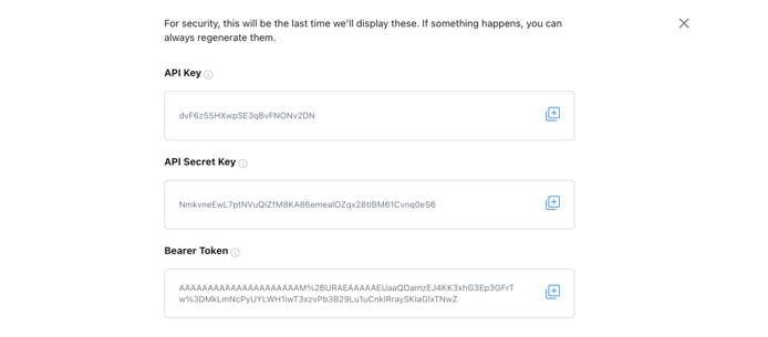 Twitter developer portal: API Key, API Secret Key, and Bearer Token dialog for new project and app