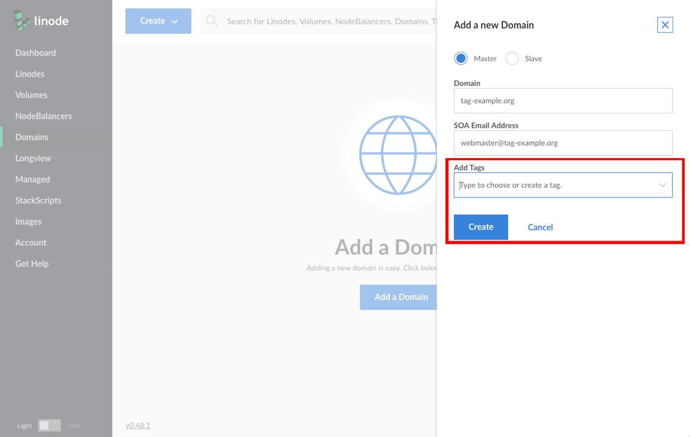 Tags field in the domain creation form