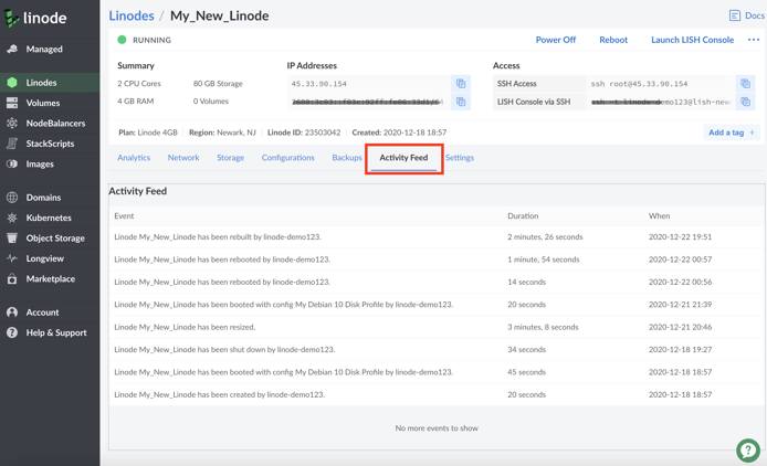 Linode Cloud Manager Activity - Activity